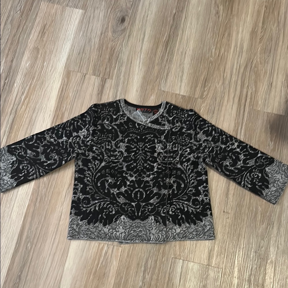 Black and Gray Cardigan Sweater with Intricate Pattern